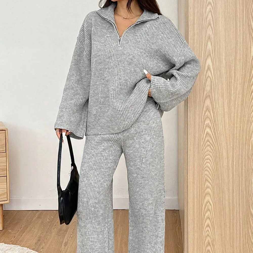 Grey Casual Zipper Half Placket Dropped Shoulder Long Sleeve Sweater & Pant set